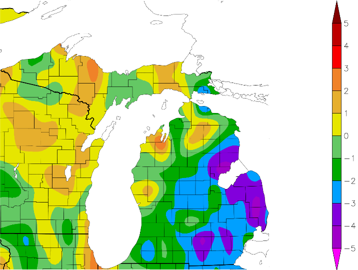 Temperature departure from normal for the past seven days as of May 24.